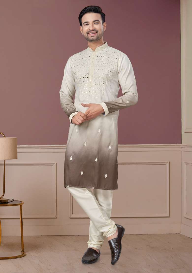 Cream Embroidered Cotton Kurta Set For Men - Indya