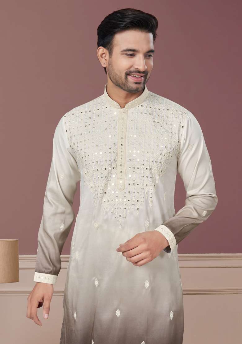 Cream Embroidered Cotton Kurta Set For Men - Indya