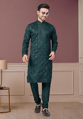 Green Embroidered Cotton Kurta Set For Men