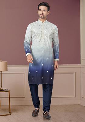 Cream Embroidered Cotton Kurta Set For Men