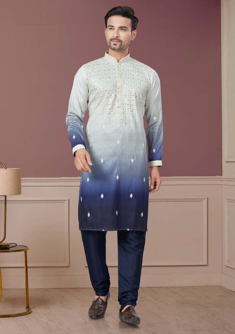 Cream Embroidered Cotton Kurta Set For Men - Indya