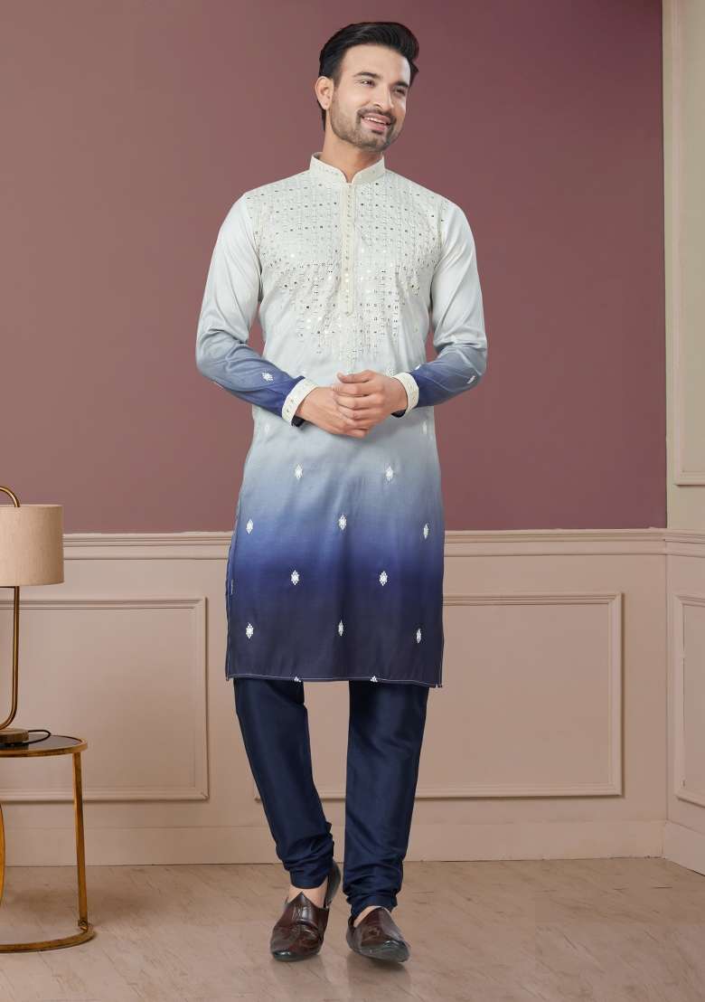 Cream Embroidered Cotton Kurta Set For Men - Indya