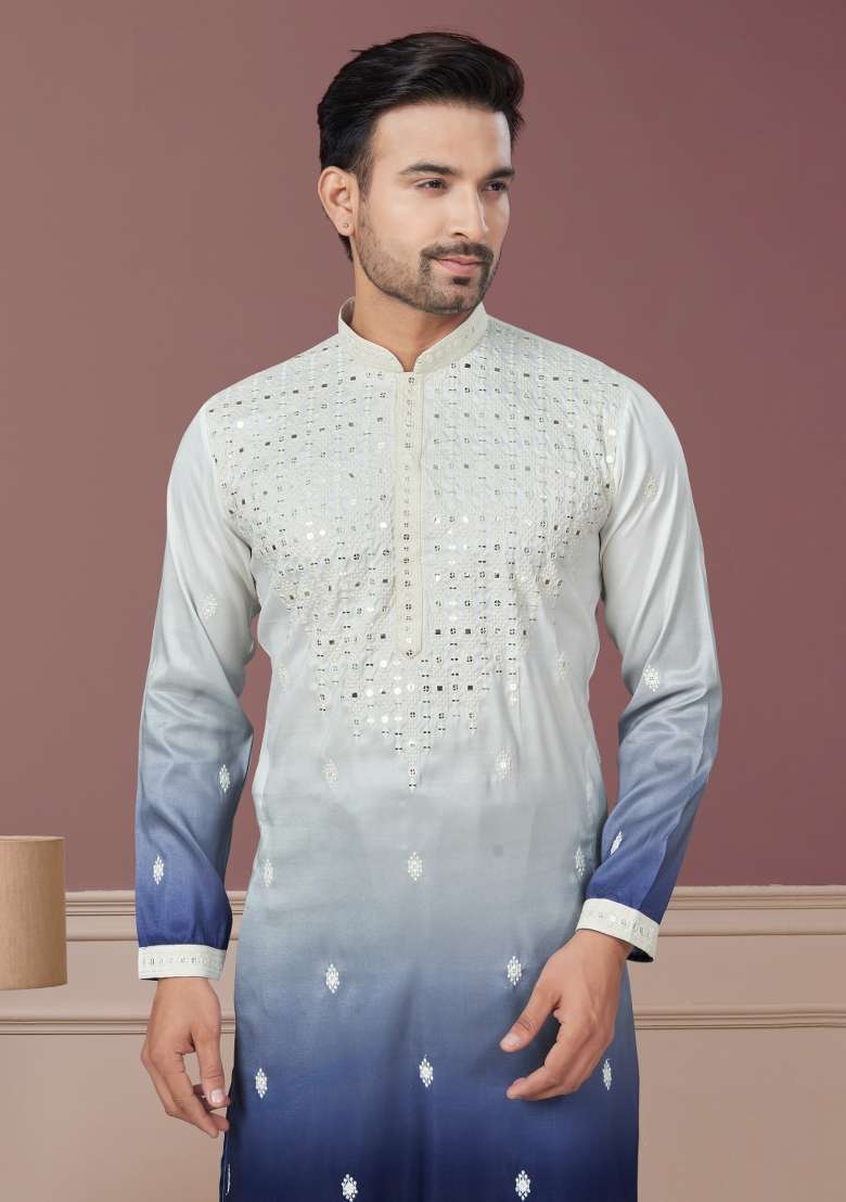 Cream Embroidered Cotton Kurta Set For Men - Indya