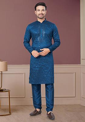 Rama Green Embroidered Cotton Kurta Set For Men