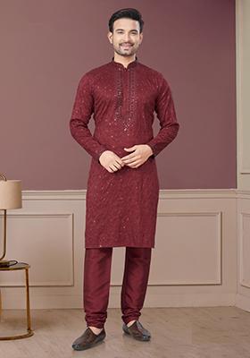 Maroon Embroidered Cotton Kurta Set For Men