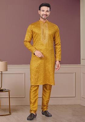 Yellow Embroidered Cotton Kurta Set For Men