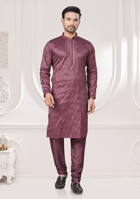 Dark Peach Embroidered Cotton Kurta Set For Men
