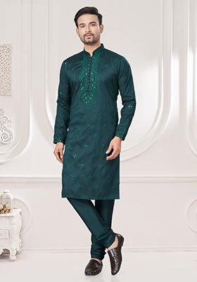 Green Embroidered Cotton Kurta Set For Men