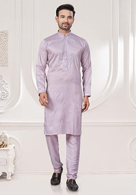Light Pink Embroidered Cotton Kurta Set For Men