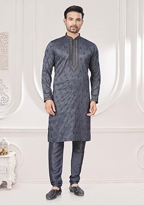 Grey Embroidered Cotton Kurta Set For Men