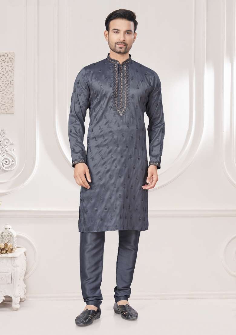 Grey Embroidered Cotton Kurta Set For Men - Indya