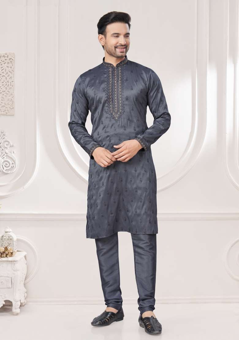Grey Embroidered Cotton Kurta Set For Men - Indya