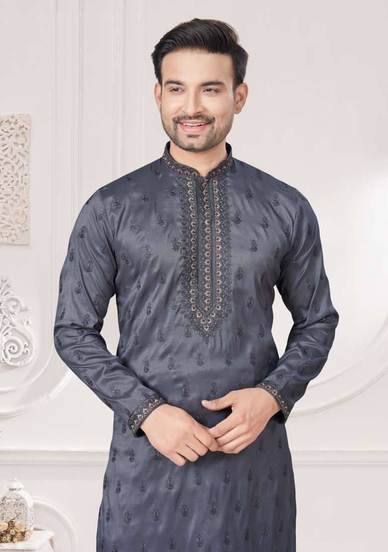 Grey Embroidered Cotton Kurta Set For Men - Indya