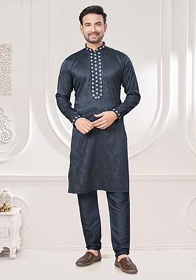 Dark Grey Embroidered Cotton Kurta Set For Men
