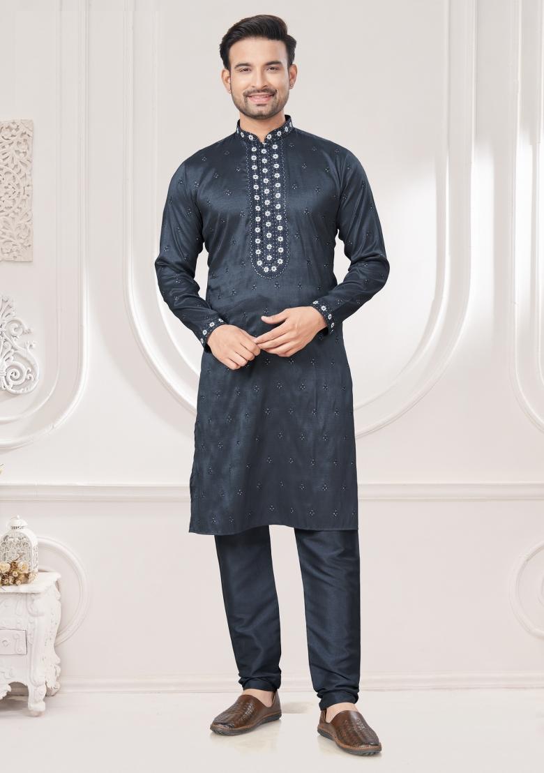 Dark Grey Embroidered Cotton Kurta Set For Men - Indya
