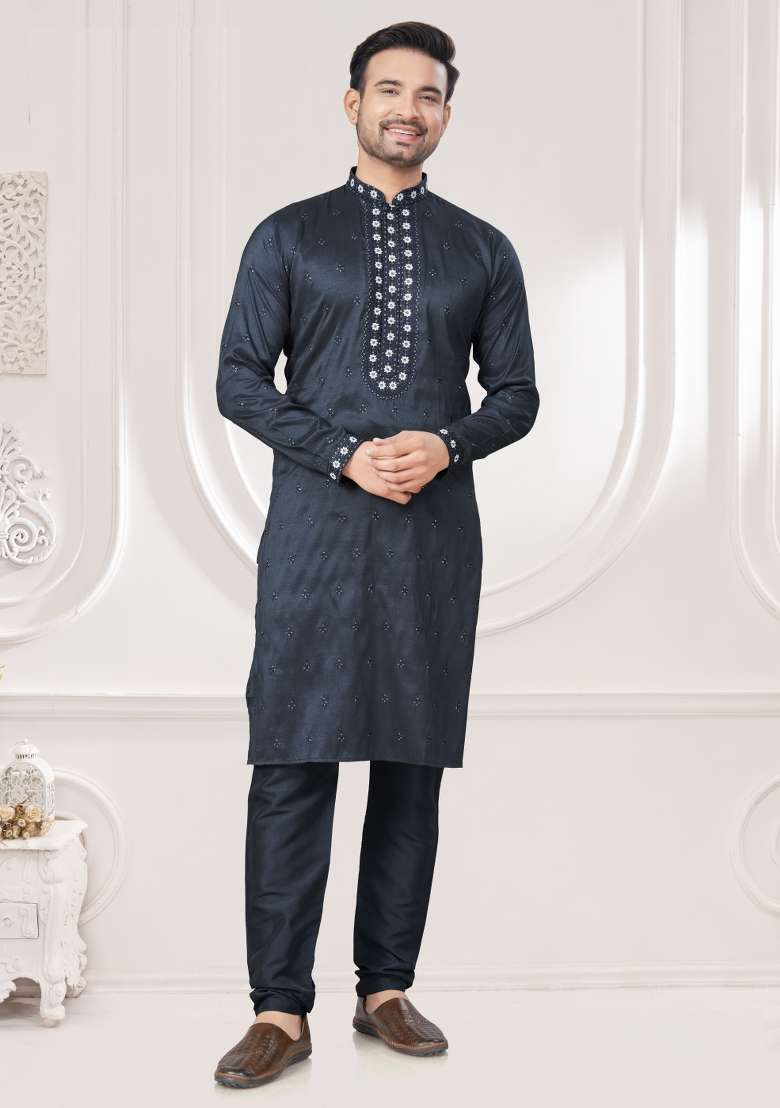 Dark Grey Embroidered Cotton Kurta Set For Men - Indya