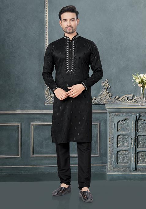 Black Embroidered Cotton Kurta Set For Men