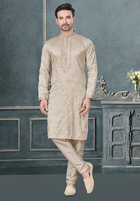 Cream Embroidered Cotton Kurta Set For Men