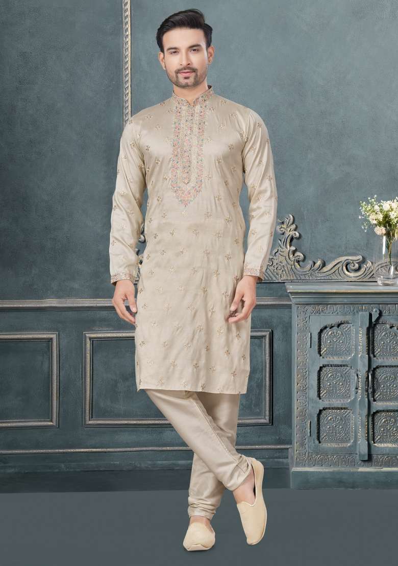Cream Embroidered Cotton Kurta Set For Men - Indya