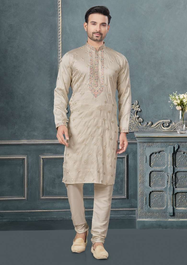 Cream Embroidered Cotton Kurta Set For Men - Indya