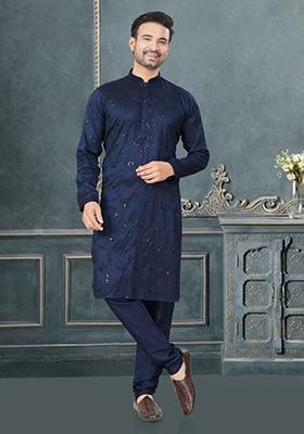 Navy Blue Embroidered Cotton Kurta Set For Men