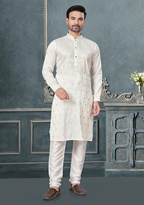 White Embroidered Cotton Kurta Set For Men
