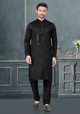 Black Embroidered Cotton Kurta Set For Men
