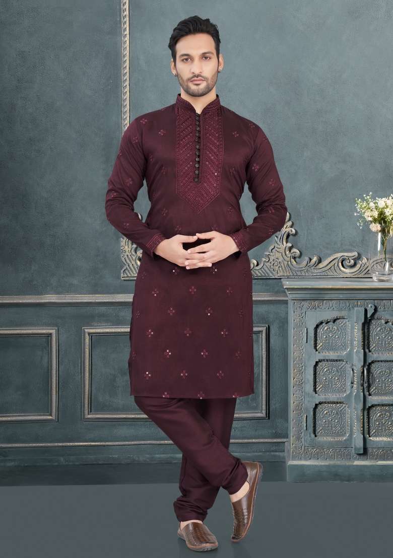 Maroon Embroidered Cotton Kurta Set For Men - Indya