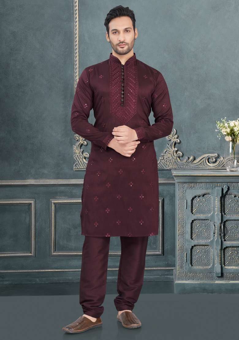 Maroon Embroidered Cotton Kurta Set For Men - Indya