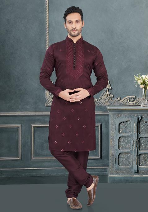 Maroon Embroidered Cotton Kurta Set For Men