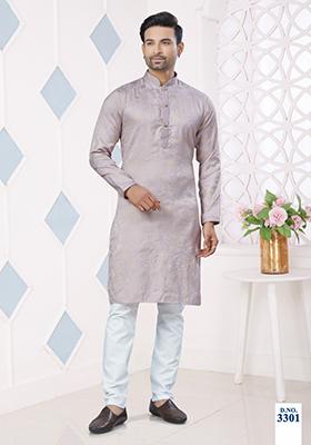 Light Purple Printed Jacquard Kurta Set For Men