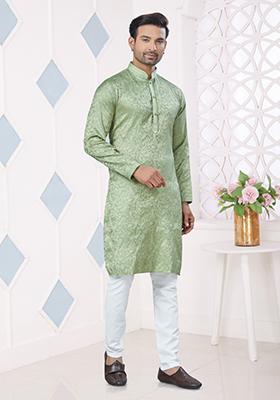 Green Printed Jacquard Kurta Set For Men