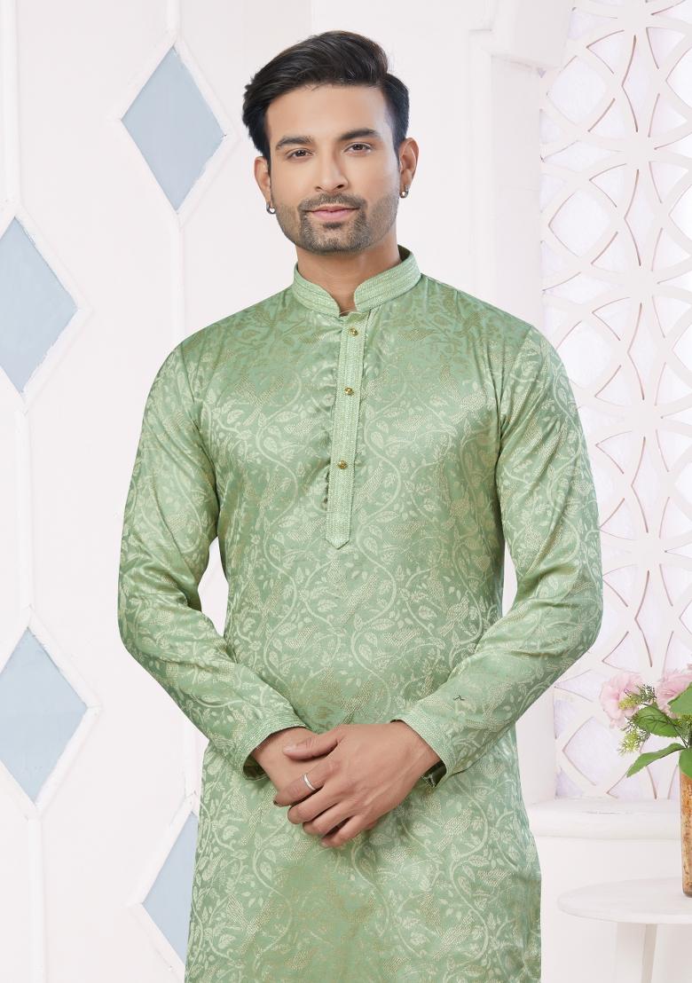 Green Printed Jacquard Kurta Set For Men - Indya