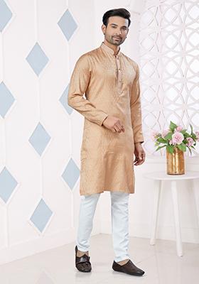Peach Printed Jacquard Kurta Set For Men