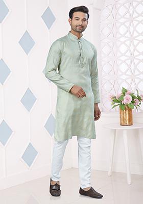 Light Green Printed Jacquard Kurta Set For Men