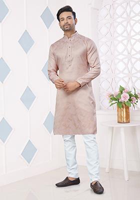 Light Pink Printed Jacquard Kurta Set For Men