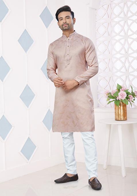 Light Pink Printed Jacquard Kurta Set For Men
