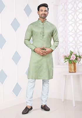 Green Printed Jacquard Kurta Set For Men