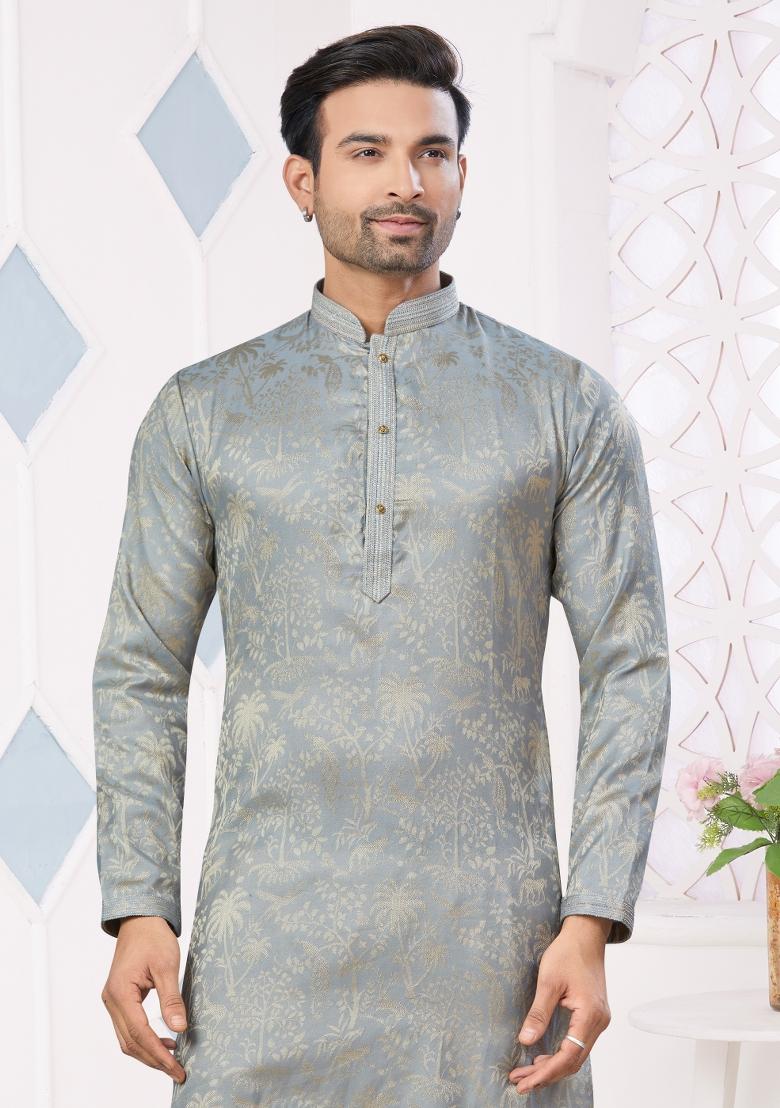 Grey Printed Jacquard Kurta Set For Men - Indya