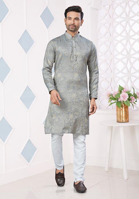 Grey Printed Jacquard Kurta Set For Men
