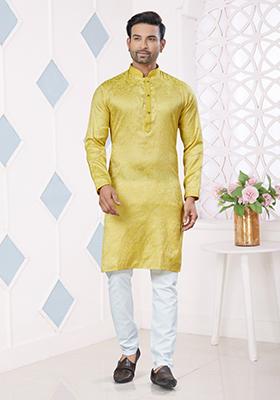 Yellow Printed Jacquard Kurta Set For Men