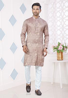 Pink Printed Jacquard Kurta Set For Men