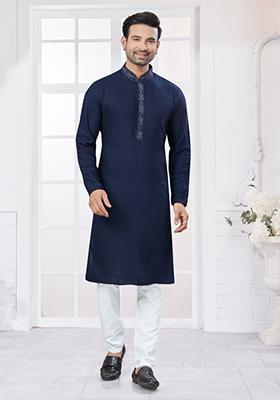 Blue Embroidered Cotton Kurta Set For Men