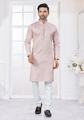 Pink Embroidered Cotton Kurta Set For Men