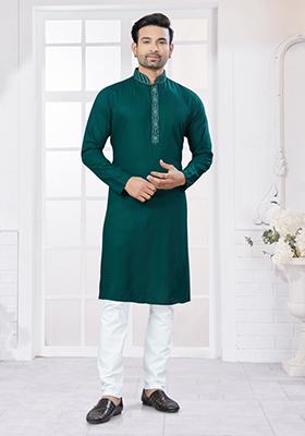 Green Embroidered Cotton Kurta Set For Men