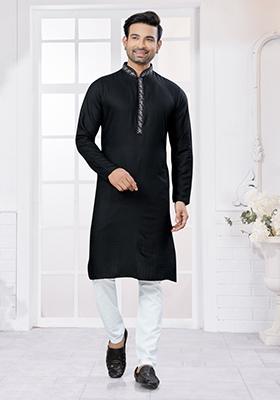 Black Embroidered Cotton Kurta Set For Men