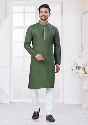 Mehandi Green Embroidered Cotton Kurta Set For Men
