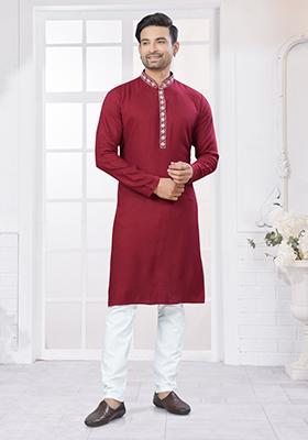 Red Embroidered Cotton Kurta Set For Men