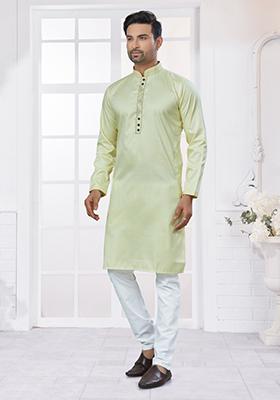 Light Green Embroidered Cotton Kurta Set For Men