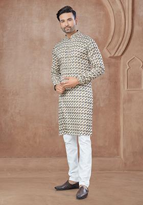 White Printed Cotton Kurta Set For Men
